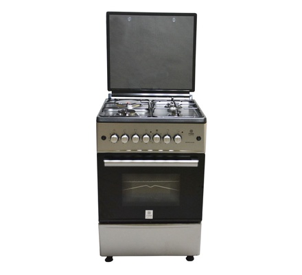 Cooker MIKA 58X58, 3 Gas+1Elec,  Button Ignition, Electric Oven, Rotisserie, Black Hob, Silver Body