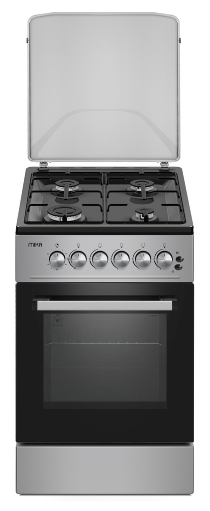 Cooker MIKA 50x60, 4 Gas, , Button Ignition, Gas Oven, Black Hob, Silver Body